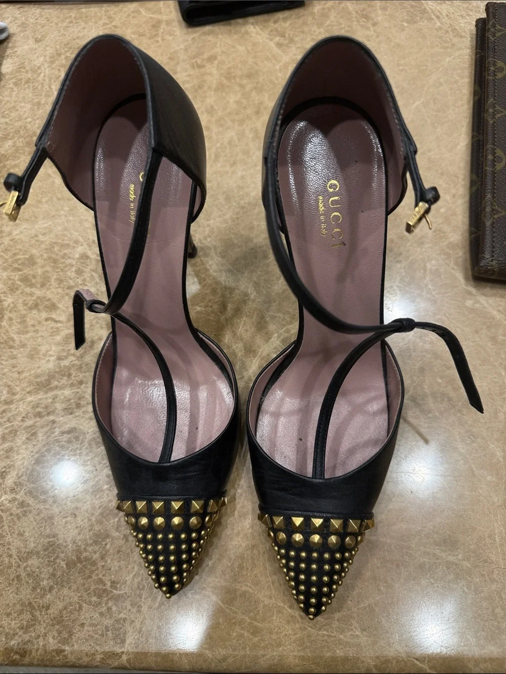 Gucci Black Leather Pointed Stud-Embellished Ankle-Strap Pumps